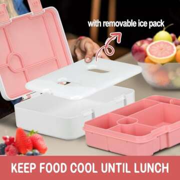 Kids Bento Lunch Box with Built-in Ice Pack for School, 5 Compartments Leak Proof Lunch Container wi...