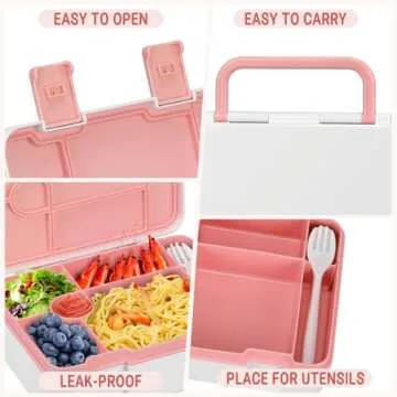 Kids Bento Lunch Box with Built-in Ice Pack for School, 5 Compartments Leak Proof Lunch Container with Utensils for Girl Boy; BPA Free, Microwave & Dishwasher Safe, 44oz, Pink