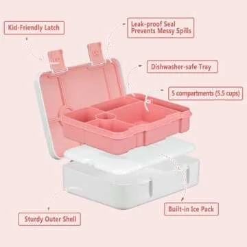Kids Bento Lunch Box with Built-in Ice Pack for School, 5 Compartments Leak Proof Lunch Container with Utensils for Girl Boy; BPA Free, Microwave & Dishwasher Safe, 44oz, Pink