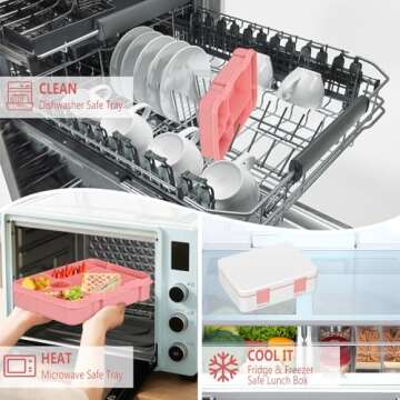 Kids Bento Lunch Box with Built-in Ice Pack for School, 5 Compartments Leak Proof Lunch Container with Utensils for Girl Boy; BPA Free, Microwave & Dishwasher Safe, 44oz, Pink