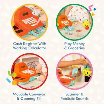 Battat - Interactive Kids Cash Register with Scanner & Sounds - 26-Piece Pretend Play Shopping Set with Light-Up Scanner, Play Money & Card - Educational Toy for Learning & Fun - Ages 3+