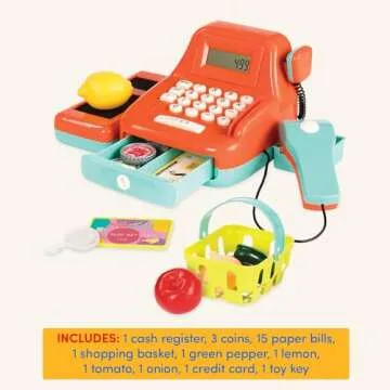 Battat - Interactive Kids Cash Register with Scanner & Sounds - 26-Piece Pretend Play Shopping Set with Light-Up Scanner, Play Money & Card - Educational Toy for Learning & Fun - Ages 3+