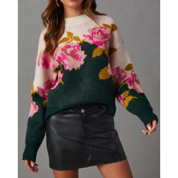 Women's Flower Pullover Sweater Long Sleeve Crewneck Floral Pattern Drop Shoulder Sweaters Knit Top Hunter Green