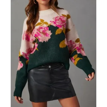 Women's Flower Pullover Sweater Long Sleeve Crewneck Floral Pattern Drop Shoulder Sweaters Knit Top Hunter Green