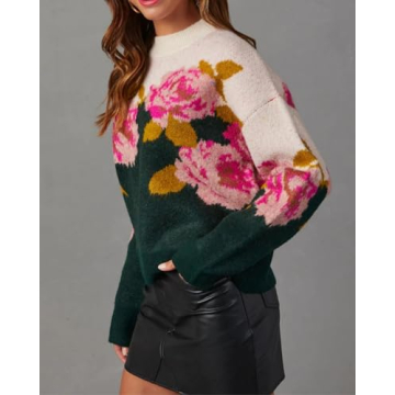 Women's Flower Pullover Sweater Long Sleeve Crewneck Floral Pattern Drop Shoulder Sweaters Knit Top Hunter Green