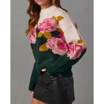 Women's Flower Pullover Sweater Long Sleeve Crewneck Floral Pattern Drop Shoulder Sweaters Knit Top Hunter Green