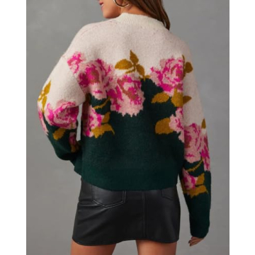 Women's Flower Pullover Sweater Long Sleeve Crewneck Floral Pattern Drop Shoulder Sweaters Knit Top Hunter Green