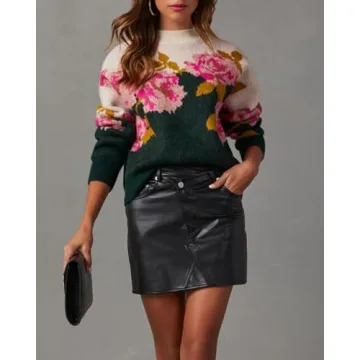 Women's Flower Pullover Sweater Long Sleeve Crewneck Floral Pattern Drop Shoulder Sweaters Knit Top Hunter Green