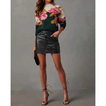 Women's Flower Pullover Sweater Long Sleeve Crewneck Floral Pattern Drop Shoulder Sweaters Knit Top Hunter Green