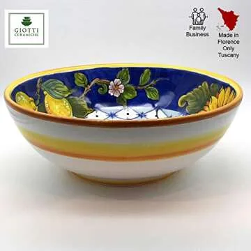 Large Ceramic Bowl for kitchen - Italian dinnerware pasta bowl - Yellow White Blue Lemon Sunflower serving tray - Hand painted Tuscan pottery bowls - Made in Italy - Ceramics salad tuscan soul platter