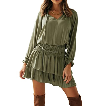 R.Vivimos Women's Cotton Long Sleeves V Neck Layered Ruffles Pleated Swing Mini Dress (Small, ArmyGr...