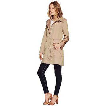 Cole Haan Women's Single Breasted Packable Rain Jacket with Removable Hood, Champagne, Small