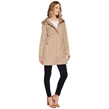 Cole Haan Women's Single Breasted Packable Rain Jacket with Removable Hood, Champagne, Small