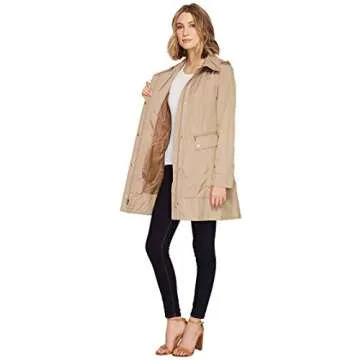 Cole Haan Women's Single Breasted Packable Rain Jacket with Removable Hood, Champagne, Small