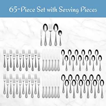 Mikasa, Regent Bead Flatware Service for 12, 65 Piece Set, 18/10 Stainless Steel, Silverware Set with Serving Utensils