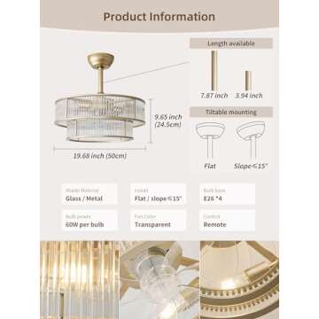 YADZSLY Gold Fandelier Ceiling Fans with Lights, 20" Gold Crystal Chandelier Ceiling Fan with Light Remote Control, Caged Mid Century with 6 Speeds for Bedroom, Living Room, Nursery