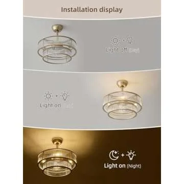 YADZSLY Gold Fandelier Ceiling Fans with Lights, 20" Gold Crystal Chandelier Ceiling Fan with Light Remote Control, Caged Mid Century with 6 Speeds for Bedroom, Living Room, Nursery
