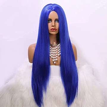 EEWIGS Blue Long Straight Synthetic Middle Part None Lace Wigs Natural Looking full machine made wig...