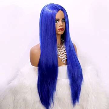 EEWIGS Blue Long Straight Synthetic Middle Part None Lace Wigs Natural Looking full machine made wig Heat Resistant Fiber Hair for Women (blue)