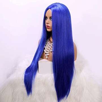 EEWIGS Blue Long Straight Synthetic Middle Part None Lace Wigs Natural Looking full machine made wig Heat Resistant Fiber Hair for Women (blue)