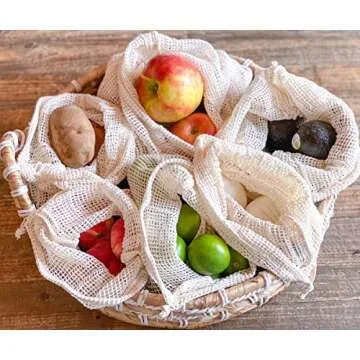 Reusable Cotton Mesh Produce Bags - 100% Organic Cotton, Durable, Double Stitched, Onion Bags, Mesh Bags for Grocery Shopping, Vegetables & Fruits | 6 Bags (2L, 2M, 2S) Vegetable Bags for Drawstring