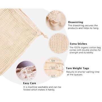 Reusable Cotton Mesh Produce Bags - 100% Organic Cotton, Durable, Double Stitched, Onion Bags, Mesh Bags for Grocery Shopping, Vegetables & Fruits | 6 Bags (2L, 2M, 2S) Vegetable Bags for Drawstring