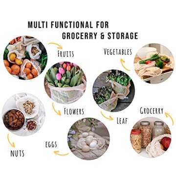 Reusable Cotton Mesh Produce Bags - 100% Organic Cotton, Durable, Double Stitched, Onion Bags, Mesh Bags for Grocery Shopping, Vegetables & Fruits | 6 Bags (2L, 2M, 2S) Vegetable Bags for Drawstring