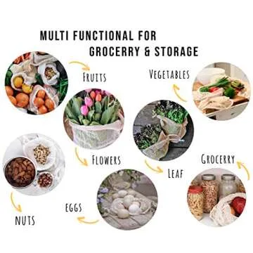 Reusable Cotton Mesh Produce Bags - 100% Organic Cotton, Durable, Double Stitched, Onion Bags, Mesh Bags for Grocery Shopping, Vegetables & Fruits | 6 Bags (2L, 2M, 2S) Vegetable Bags for Drawstring