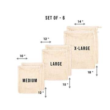Reusable Cotton Mesh Produce Bags - 100% Organic Cotton, Durable, Double Stitched, Onion Bags, Mesh Bags for Grocery Shopping, Vegetables & Fruits | 6 Bags (2L, 2M, 2S) Vegetable Bags for Drawstring