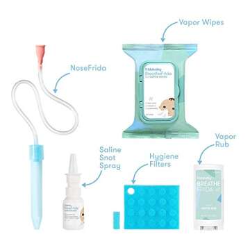 Frida Baby Cold and Flu Relief Set, Congestion Relief Kit, Includes the NoseFrida Nasal Aspirator, Hygiene Filter, Saline Nasal Spray, Baby Vapor Rub & Vapor Nose & Chest Wipes