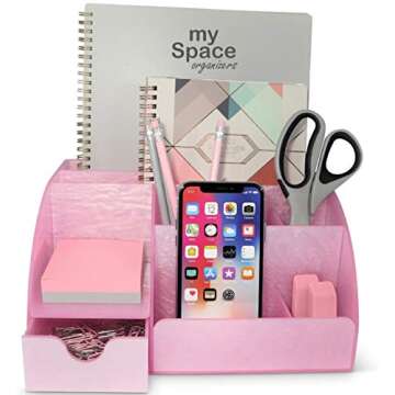 Pink Desk Organizer Office, Acrylic, with Drawer, 9 Compartments, Supplies and Cool Desk Accessories...