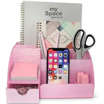 Pink Desk Organizer Office, Acrylic, with Drawer, 9 Compartments, Supplies and Cool Desk Accessories...