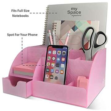 Pink Desk Organizer Office, Acrylic, with Drawer, 9 Compartments, Supplies and Cool Desk Accessories Organizer, Desktop Pen Holder (Pink)