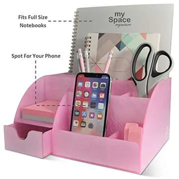 Pink Desk Organizer Office, Acrylic, with Drawer, 9 Compartments, Supplies and Cool Desk Accessories Organizer, Desktop Pen Holder (Pink)