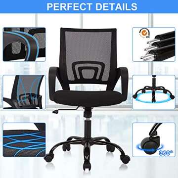 Ergonomic Office Chair Computer Desk Chair with Back Support Mesh Rolling Swivel PC Executive Chair Modern Adjustable Height Task Works Office Chair for Women Men, Black