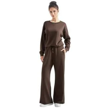 SUUKSESS Women Modal 2 piece outfits Oversized Sweatshirt Fall Lounge Set Wide Leg Pants Matching Sets (Brown,S)