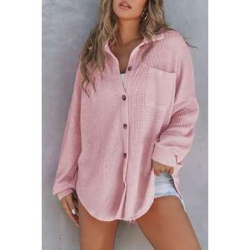 SHEWIN Womens Waffle Knit Tops Casual Long Sleeve Button Down Shirts Lightweigt V Neck Boyfriend Sha...