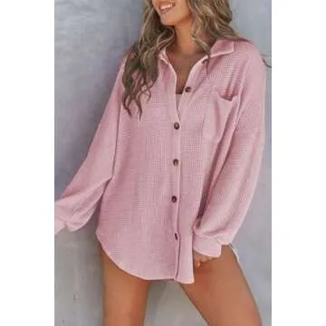 SHEWIN Women's Casual Waffle Knit Button-Down Shacket