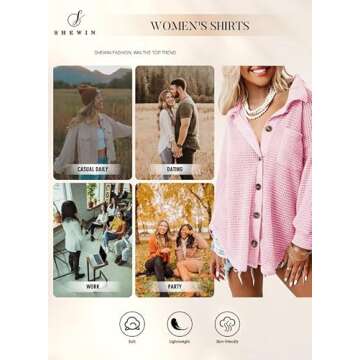 SHEWIN Women's Casual Waffle Knit Button-Down Shacket