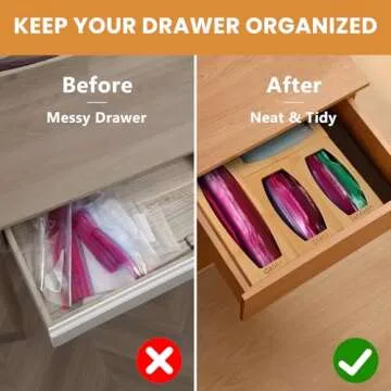 CRAKTH Bamboo Plastic Bag Storage Organizer for Kitchen Drawer, 4 Separate Baggie Organizer, Suitabl...