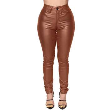 WAYRUNZ Womens High Waisted Stretch Faux Leather Pants PU Coated Legging Juniors (015-light Coffe 9)