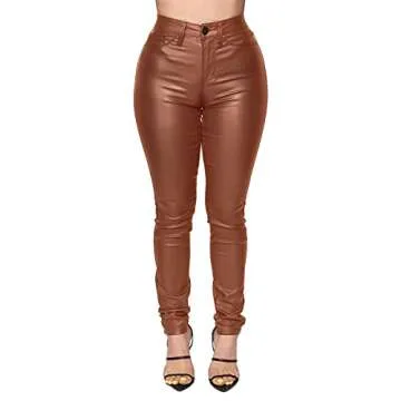 WAYRUNZ Womens High Waisted Stretch Faux Leather Pants PU Coated Legging Juniors (015-light Coffe 9)