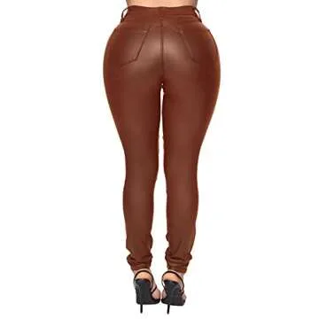 WAYRUNZ Womens High Waisted Stretch Faux Leather Pants PU Coated Legging Juniors (015-light Coffe 9)