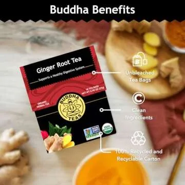 Buddha Teas - Organic Ginger Root Tea - Herbal Tea - For Health & Wellbeing - With Antioxidants & Minerals - Clean Ingredients - Caffeine Free - OU Kosher & Non-GMO - 18 Tea Bags (Pack of 1)