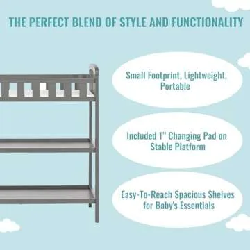 Dream On Me Emily Changing Table In Steel Grey, Comes With 1" Changing Pad, Features Two Shelves, Portable Changing Station, Made Of Sustainable New Zealand Pinewood