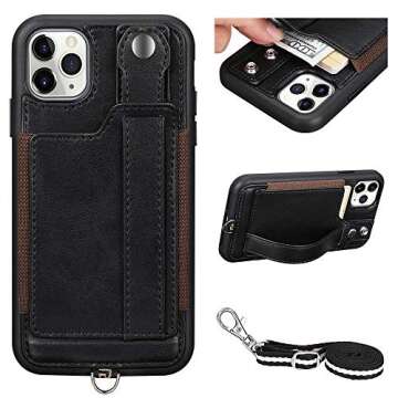TOOVREN iPhone 11 Pro Case, iPhone 11 Pro Wallet Lanyard Neck Strap with Kickstand Leather Card Holder Adjustable Detachable Necklace, Phone Protective Back Cover for iPhone 11 Pro 5.8" 2019 Black