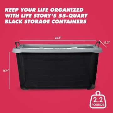 Life Story 6-Pack Stackable Plastic Storage Bins w/Handles & Snapping Lids, 55 Qt., Black