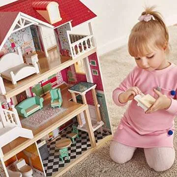 TOP BRIGHT Wooden Dollhouse for Toddlers Dream Doll House for 3+ Year Old