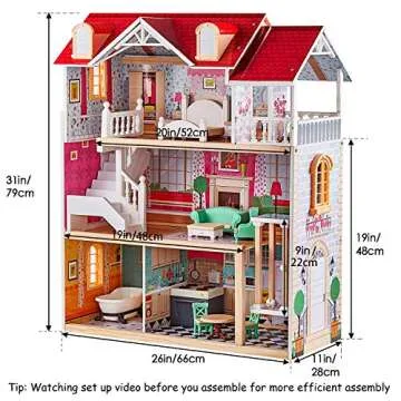 TOP BRIGHT Wooden Dollhouse for Toddlers Dream Doll House for 3+ Year Old