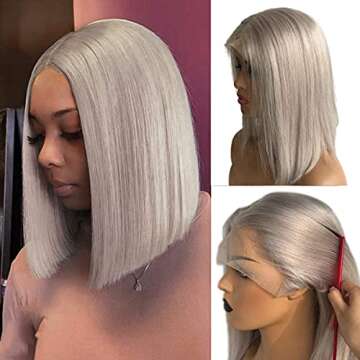 Lovigs Grey Lace Front Wigs Human Hair Natural Hairline Short Bob Wig Straight Hair Grey Wigs for Women Brazilian Virgin Bob Wig Human Hair with Baby Hair(8 Inch)